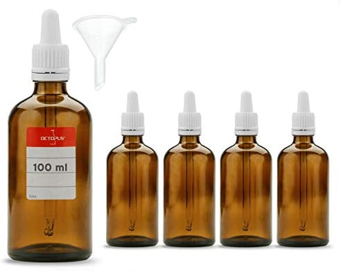 Octopus 5 x 100 ml Pipettenflaschen mit Glaspipette, Braunglasflaschen mit Dosierpipette, Apothekerflaschen/Laborflaschen mit Tropfpipette, z.B. für Augentropfen, Bachblüten, Öle