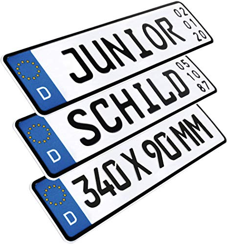 L & P Car Design 1 Stück Kennzeichen Junior-Schild 34cm x 9cm Geburtstags Schild Datum Wunschtext Wunschkennzeichen Wunschprägung Namenskennzeichen Namensschild Bobbycar Kettcar Fun Schild