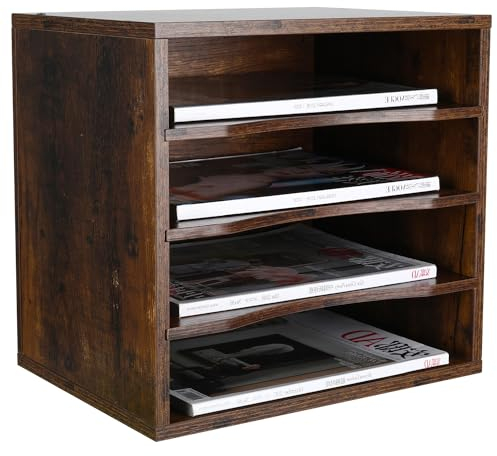 EasyPAG Wood Desktop 4 Tier A4 in Tray Office Desk Tidy File Holder Paper Organiser Magazine Storage Filing Rack,Brown
