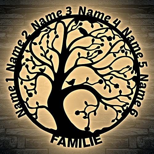 LEON FOLIEN Baum Led Schlummerlicht Nachtlicht Familie bis 6 Namen Familienbaum Stammbaum, liegende personalisiert Lasergravur Abendlicht Wohnzimmer family