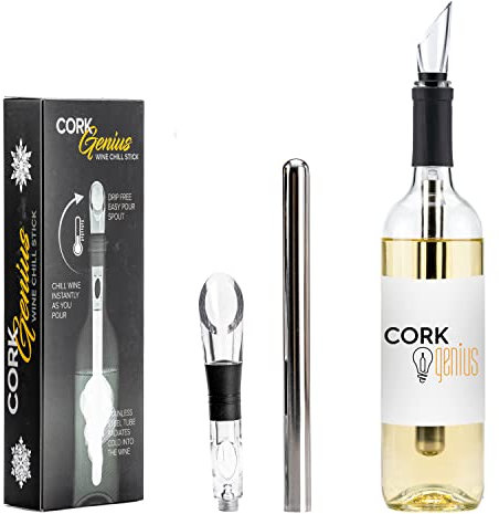 Cork Genius Wine Chiller and Aerator with Perfect-Pour Spout - Stainless-Steel Chill Rod for Quick, Ice-Free Wine Chilling - Built-In Wine Aerator with Easy-to-Clean, Acrylic Non-Drip Pour Spout