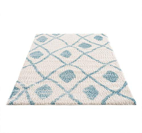 carpet city Teppich Shaggy Hochflor - Ethno-Stil 80x150 cm Blau Creme - Moderne Wohnzimmer-Teppiche