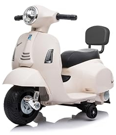 Kinder-Elektro-Motorrad 6 Volt Vespa Elektro-Kinderroller von Babycar mit Rückenlehne – Vespa Elektro-Kinderroller mit Fußgas und MP3-Zugang mit integrierten Lichtern und Sounds (Weiß)