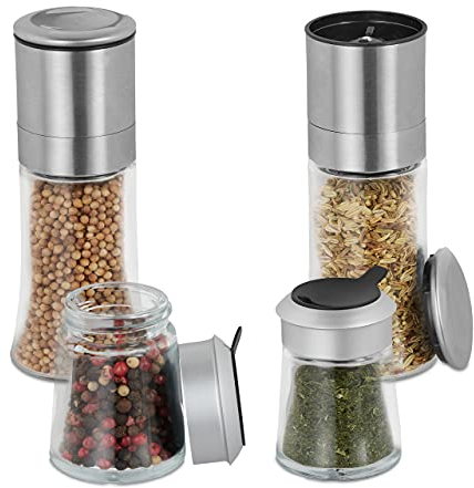 Relaxdays Gewürzstreuer und Gewürzmühle im 4er Set, Keramikmahlwerk, Deckel mit Dosierhilfe, Glas & Edelstahl, Silber