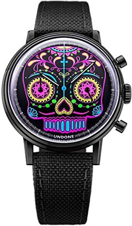 Undone Calavera Chronograph Hybrid Quarz Mechanisch Stahl Schwarz Fluoreszierend Cordura Uhr Unisex, Armband