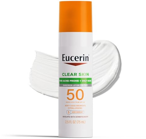 Eucerin Sun Clear Skin Face Sunscreen Lotion SPF 50 for Acne Prone and Oily Skin, Lightweight Sunscreen with Oil-Absorbing Minerals, Won't Cause Breakouts, Hypoallergenic, 2.5 Fl Oz Bottle