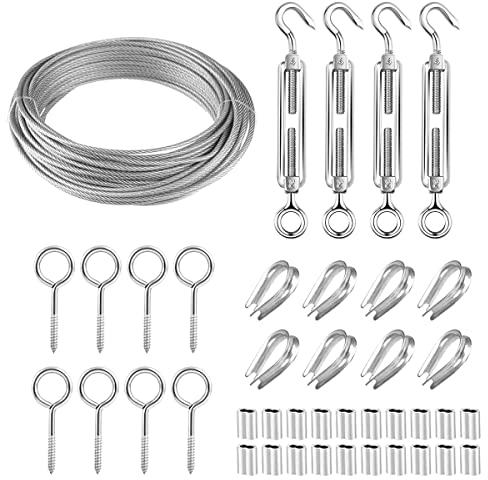 YOCZOX Garden Stainless Steel Cable Wire Rope Kit 30M/3mm, Heavy Duty Turnbuckle Tensioner, Catenary Kit for Climbing Plants, Outdoor String Lights, Fence, Party Decoration