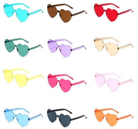 ZOOMPIL Herz Brille, Herz Sonnenbrille, 12 Paare Herz Sonnenbrille Damen, Randlose Herz Party Brille Lustige Neon Farben Partybrille Set