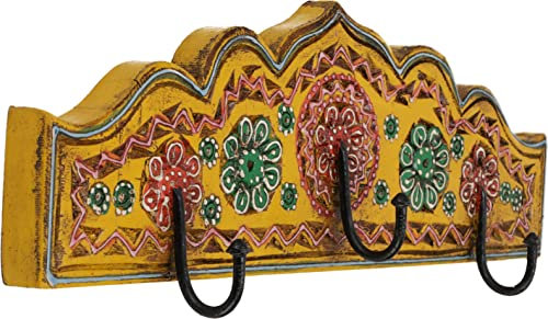 GURU SHOP Dreifach Garderobenhaken, Holz Kleiderhaken, orientalisch, gelb