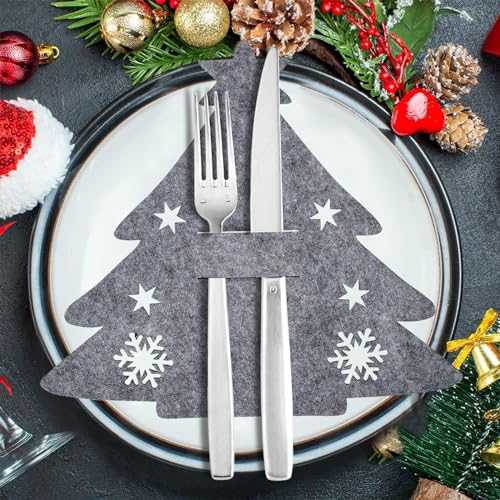COLEESON Besteckhalter Weihnachten Filz, 12 Stück Bestecktasche Tannenbaum, tischdeko weihnachten, Grau Weihnachts Messer Gabeln Löffel Geschirr Besteck Taschen für Party deko weihnachten (A)