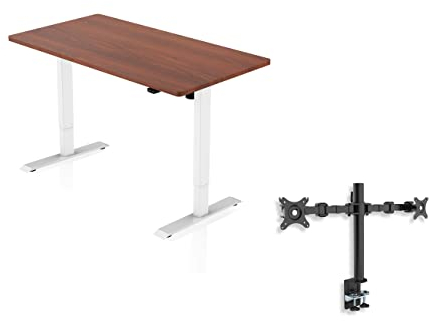 - AGIL - Elektrisch höhenverstellbarer Schreibtisch - Set - weißes Gestell mit Walnuss Tischplatte - 140x70cm - mit Doppelmonitorhalterung - Ergonomischer Sitz-Steh-Tisch - stilvoll am Arbeitsplatz