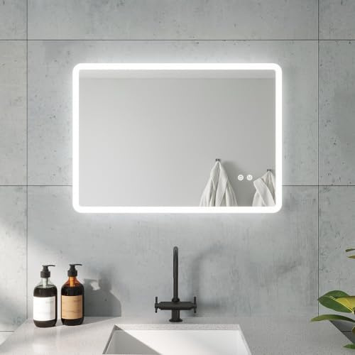 Beleuchteter Spiegel Badspiegel mit Beleuchtung Badezimmerspiegel Lichtspiegel LED Wandspiegel 50x70 cm Kaltweiß 6400K Touch Dimmbar Beschlagfrei Energiesparend Quer oder Hochkant Montage Möglich