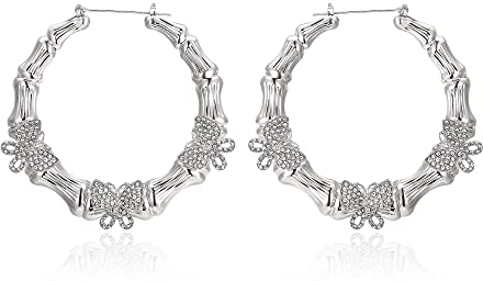 EVER FAITH Bambus Creolen Ohrringe für Damen, Hip-Hop-Kostüm Statement-Bamboo Huggies Silber-Ton