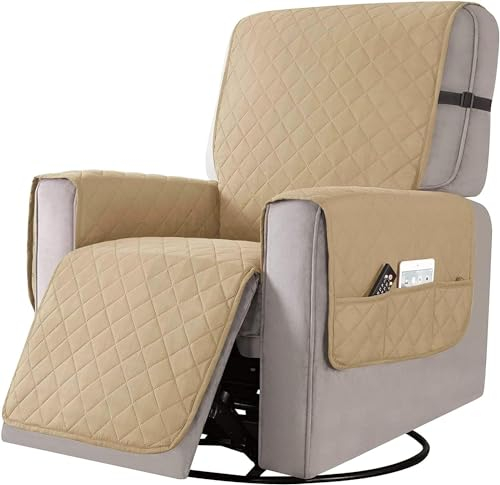 Liegesofa Sesselbezug, esselschoner Sesselauflage, Sesselschoner mit Taschen, Fernsehsessel Schutzbezug Anti-Rutsch für Zuhause mit Kindern und Haustieren Hund (Khaki, Groß)