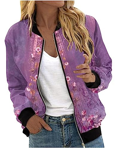 Blouson Bomber Femme Chic Et Elegant Décontracté Sport Manteau Mince Biker Moto Zipper Court Couleur Unie/Fleur Imprimer Veste Chic Veste Court Automne Hiver Outwear Manteau De Moto Jacket