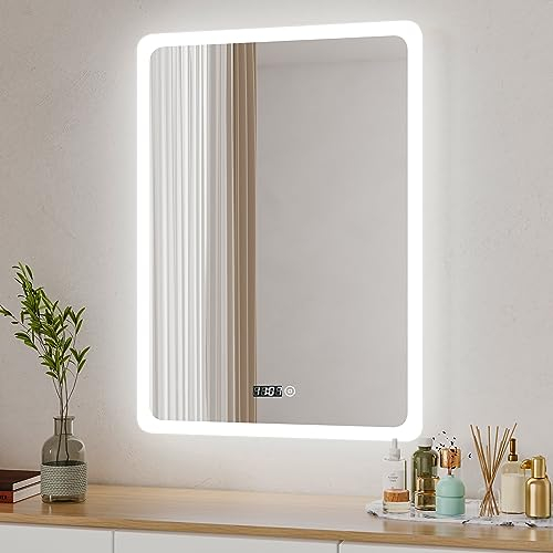 Boromal LED Badezimmerspiegel 50x70cm Badspiegel mit Beleuchtung und Uhr Badezimmer Spiegel 3 Lichtfarbe Dimmbar 3000-6500K 2470LM Wandspiegel Lichtspiegel LED Spiegel mit Uhr, Touch Schalter