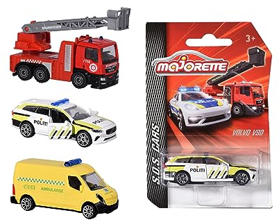 Majorette 212057182007 Véhicules de secours norvégiens Véhicules de secours norvégiens, disponibles en tant que camion de pompiers, voiture de police Volvo V90 ou ambulance, 7,5 cm, ab 3 (assortis)