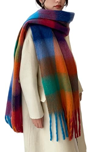 Wander Agio Winter Women Warm Scarf Long Shawl Large Scarves Cold Weather Thick Blanket Scarfs Colorful Plaid Caramel Green 7