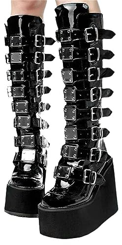 tinbarry Stivali Donna Stivali Invernali Alti al Ginocchio Stivali Punk Gotici con Plateau Stivali in Pelle PU Stivaletti con Zeppa Vintage Stivali con Tacco Largo Boot con Cerniera