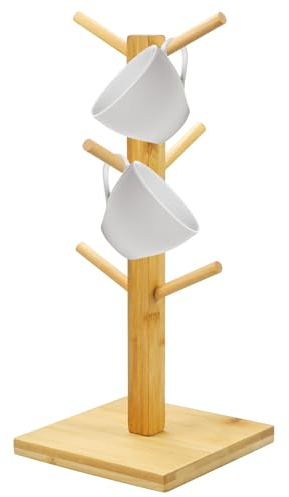KiKiHong Porte-Tasses, Porte Tasse à Café en Bois Bambou 6 Crochets,Porte-Tasses Sur Pied en Forme D'arbre Convient pour la Maison et le Bureau