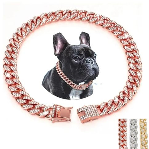 Rose Gold Chain Dog Collar For Large Dogs, Glitter Rhinestone Sparkly Diamond Metal Cuban Link Dog Necklace For Small Medium Large Pet Dogs Puppy, Pink 20 inch