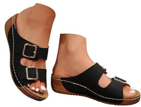 Orthopädische Schuhe Damen Sommer Keil Orthopädische Sandalen Mit Weiches Fußbett Pantoffeln PU Leder Blume Hohlsandalen Vintage Peep Toe Plateau Freizeit Pantoletten Outdoor Strand Hausschuhe