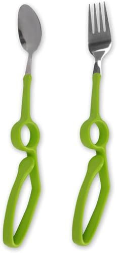 Cuillère et fourchette de repas auxiliaires, entraînement de réadaptation en hémiplégie, couverts à poignées confortables, cuillère et fourchette à poignée incurvée anti-secousse pour personnes âgées