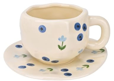 Koythin Ceramic Coffee Mug with Saucer Set, Cute Creative Blueberry Flower Cup Unique Irregular Design for Office and Home, 10 oz/300 ml for Latte Tea Milk