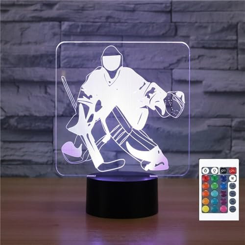 FLRXHK Eishockey-Torwart 3D-Illusions-Nachtlicht, Touch-Tischlampe mit Fernbedienung, 16 Farben, optisches USB-LED-Nachtlicht für Kinder, Geschenk, Raumdekoration