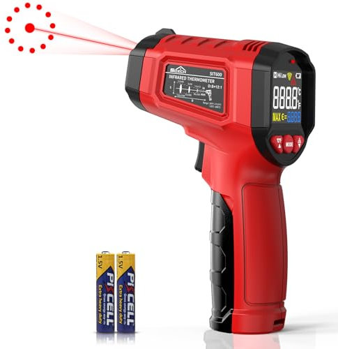 Infrarot-Thermometer, SQECH Temperaturmessgerät -50℃~ 600℃(-58℉~1112℉), mit Einstellbarem Emissionsgrad und Farbiger Hintergrundbeleuchtung, für Kochen, Pizzaofen, Kühlschrank, Industrie (Rot)
