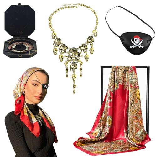 Joycabin 4 Stücke Piratenkostüm Damen, Piraten Kostüm Zubehör Augenklappe Pirat Kopftuch Kompass, Piraten Accessoires für Halloween Cosplay Party Fasching und Karneva