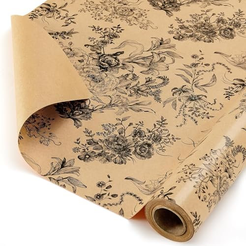 WERNNSAI Geschenkpapierrolle mit Blumenmotiv aus Kraftpapier – 1 Rolle 43 cm x 10 m Blumenstrauß-Geschenkpapier, braunes Geburtstagsgeschenkpapier für Frauen und Erwachsene, dekoratives Kunstpapier