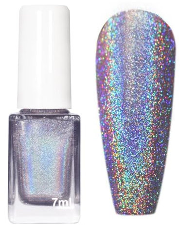 Holographic Nail Polish - Clear Laser Glitter Silver Polish - Long Lasting Quick Dry Shimmer Glitter Nail Polish - Flash Shine Silver Nail Varnish For Women Salon Home DIY Nail Art Gift No UV Needed
