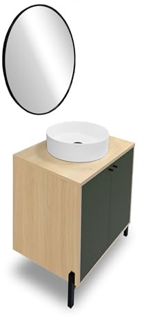 Demeyere Meuble Vasque avec Miroir Lumineux Salle De Bain, Lavabo Céramique Et 2 Portes & 1 Etagère en Bois - Coloris Vert Minéral & Chêne Vincenza – 69,2 x 78,2 x 49,8 cm