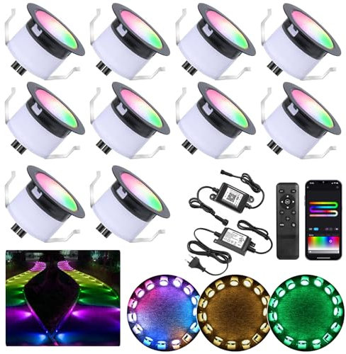 WIFI Terrassen Bodeneinbaustrahler Aussen Led RGBW+IC, Ø31mm 12V Terrassenbeleuchtung Mini Spots Led Einbaustrahler, IP67 Wasserdicht, APP Steuerbar, Kompatibel mit Alexa Google Home (10er)
