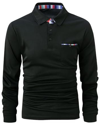 Men‘s Polo T Shirt Sports Quick-Dry Tech Wicking Golf Breathable Short Sleeve Polo Shirt Work Polo T-Shirt Barbour Mens Shirts Long Sleeve Mens Thermal Tops Long Sleeve T-Shirt (Black, XXL)