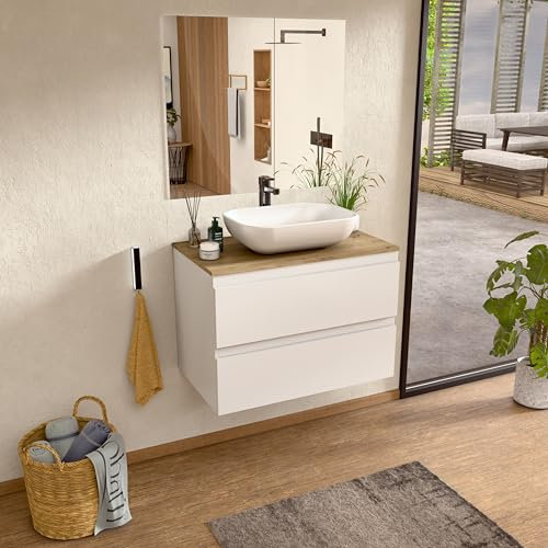 BELLOBATH - Mueble Baño Suspendido con Lavabo de Cerámica y Espejo, Mueble Baño con Lavabo Montado con 2 Cajones, 60 x 55 x 46 cm, Mueble Blanco y Tapa Roble