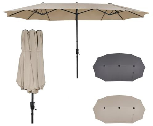 Fullwatt Sonnenschirm 400 x 200 cm, Extra Großer Sonnenschirm Balkon, Gartenschirm mit 12 Rippen, UV-Schutz, Wasserabweisend, Windfest, Terrassenschirm, für Balkon, Outdoor, Strand, ohne Ständer Beige