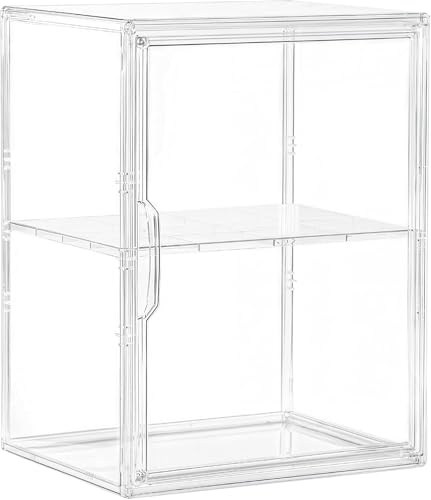 Attelite Acrylic Display Case for Collectibles, Clear Storage Bin with 3 Adjustable Layers and 1 Removable Divider, Stackable Clear Storage Box with Magnetic Door for Figures, Home or Office,Large