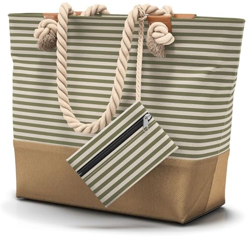 furora HOLIDAY Strandtasche XL - mit Reißverschluss & 2x Innentaschen (für nasse Badekleidung & Wertsachen) bequemer Griff, leicht, groß, wasserabweisend | Badetasche Damen & Herren (Olivegrün)