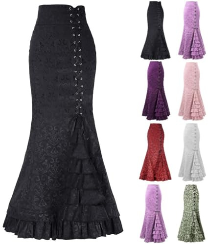 Damen Fischschwanz Rock Vintage Retro Lang Viktorianische Rüschen Meerjungfrau Rock Kathleen Röcke Brokat Jacquard Maxi Gotisch Schnürkorsett Palast Vintage Punk Rave Skirt Rosa Pink Weiß M,L,XL,XXL