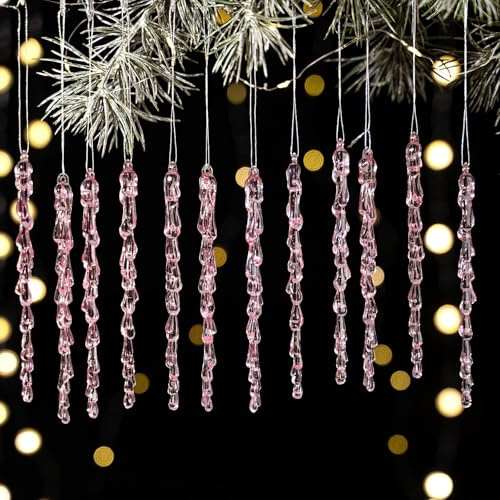 HERZONE 36 pezzi rosa Decorazione per albero di Natale a forma di stalattite, in acrilico, decorazione per albero di Natale, decorazione natalizia per albero di Natale (rosa)