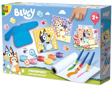 SES Creative Bluey Finger Paint Creations Mega Set – 6 Washable Colours, 15 Bluey & Bingo Cards, Brushes, Apron & 2m Paper Roll – Ages 2+