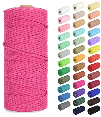 Makramee Garn 3mm x 100m, Baumwollkordel Farbig Baumwollgarn Geflochten Baumwollseil, Natürliche Baumwollschnur für Makramee Wandbehang, Blumenampel, Vorhang und Mehr DIY Deco, Rosarot