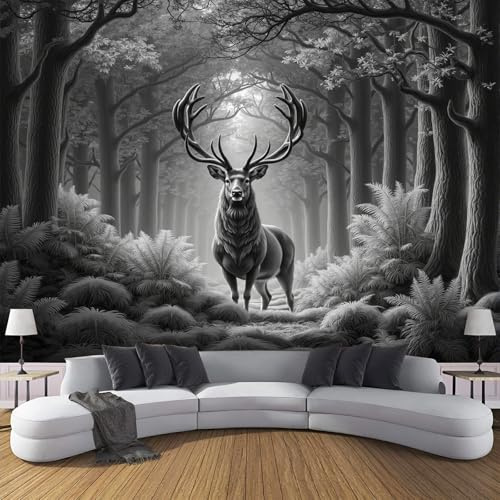 JSCWDET 3D Panoramic Custom Wallpaper Mural Grey,Ancient Forest Landscape,Majestic Animal Stag Design Effect, 350×256 cm 3D Wall Sticker Poster Decoration
