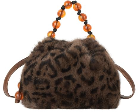 Meliyya Kunstfell Umhängetasche Mini Flauschige Beuteltasche Leopardenmuster Damen Schultertasche mit Ketten Gurt, Leopardenmuster Khaki