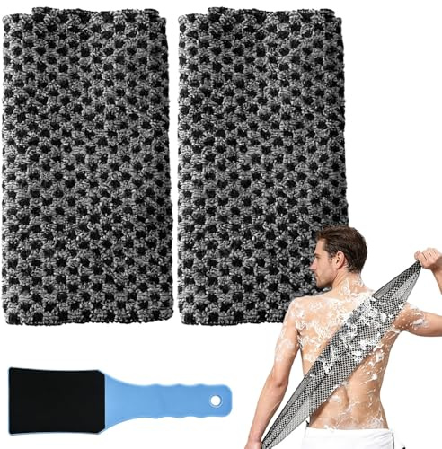 2 PCS Exfoliating Shower Towel, Japanese Extra Long Exfoliating Washcloth | with 1PC Foot File, Double-Sided Antibacterial Scrub Loofah & Back Scrubber for Men Women Body Massage (Black)
