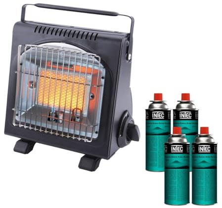 INTEC - Tragbarer Gasheizer, 1700 W, Keramik + 4 Gaskartuschen Thermoelement ODS Camping Angeln