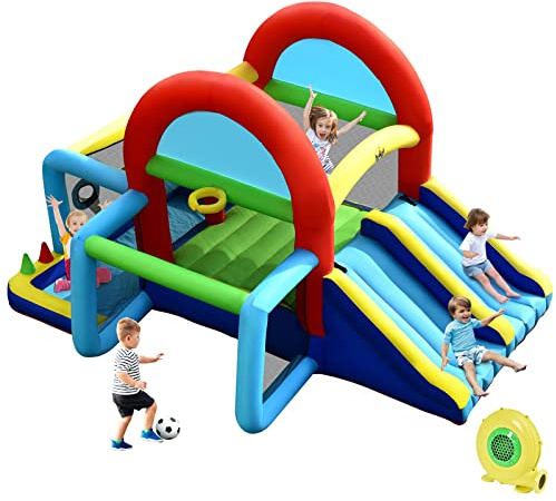 FANTASK Kinder Hüpfburg, 424 x 300 x 240 cm, Aufblasbare-Hüpfburg mit Gebläse, Doppelrutschen, Sprungbereich, Kletterwand, Bällebad, Fußballtor, Basketballkorb & Zielspiel, Outdoor Hüpfschloss
