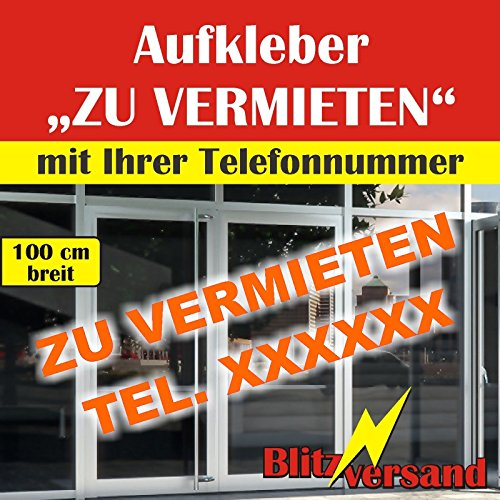 Aufkleber „ZU VERMIETEN“ mit Telefonnummer – 100 cm, orange, freistehend – Schaufenster Beschriftung, innen/außen klebend, wetterbeständig & rückstandslos entfernbar